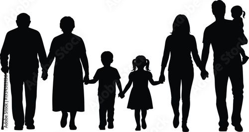 Black silhouettes of family members holding hands walking white background people