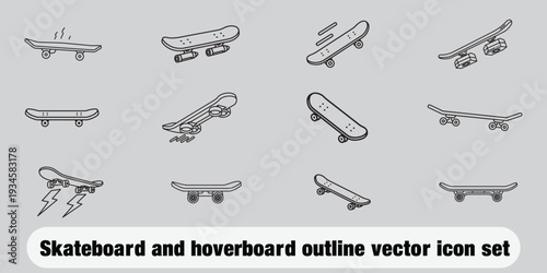 Skateboard and hoverboard outline vector icon set