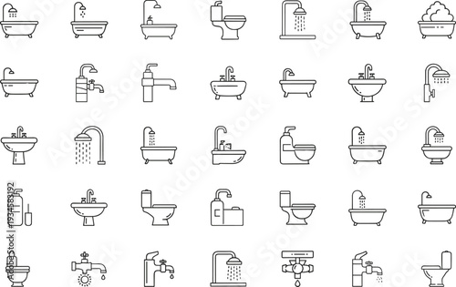 Bathroom fixtures and plumbing line icons set, bathtub, toilet, sink and shower symbols collection, vector illustration