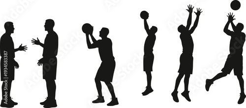 Silhouette basketball player shooting sequence, jump shot progression, training, sports action poses, fitness workout, athletic movement, competition, exercise