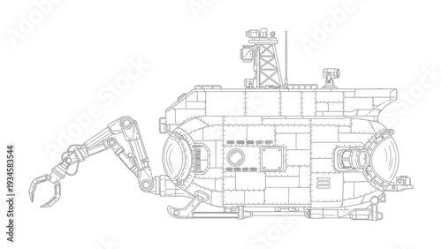 Deep Sea Explorer: An artistic illustration of a robust underwater vessel, meticulously designed with mechanical arm and advanced observational ports, charting the unknown depths of the ocean.