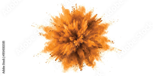 A dynamic burst of vibrant orange powder captured in mid-air against a clean white background
