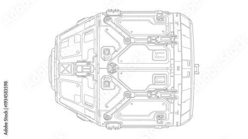 Abstract Technological Marvel: A detailed overhead view of a complex, futuristic machine showcasing intricate paneling and structural framework, ready for scientific applications.