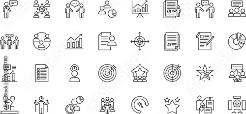Business strategy and analytics icons, teamwork, target, growth charts line set, vector illustration