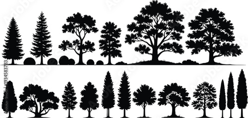 Black silhouettes of various trees on white background 1