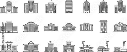 City buildings and government architecture line icons set, vector illustration