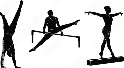 Gymnastics Silhouette Illustration Vector Featuring Handstand, Parallel Bars Split, Balance Beam Pose, Athletic Strength Symbol, and Marketplace Success for Creative Projects