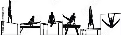 Men’s Gymnastics Silhouette Illustration Vector Featuring Multiple Apparatus Poses, Athletic Strength Symbol, Sports Icon, and Marketplace Success for Creative Projects