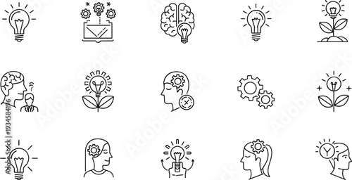 Creative Idea and Innovation Line Icons Set, Brain Light Bulb Growth Mind Outline Collection, vector illustration