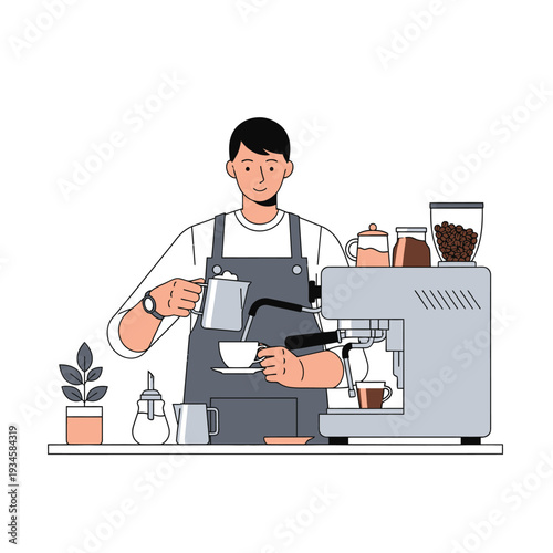 Barista making coffee with espresso machine, pouring milk into cup, cafe interior, close-up