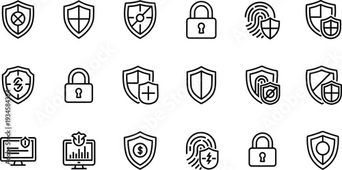 Cyber Security and Protection Line Icons Set, Shield Lock Fingerprint Privacy Outline Collection, vector illustration