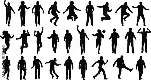 Dancing and jumping people silhouettes collection, active men poses set, vector illustration