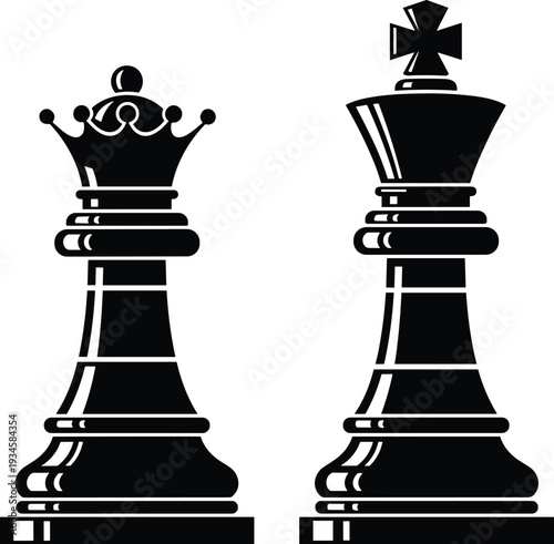 Black vector silhouettes of chess king and queen pieces, representing leadership, strategic competition, power, royal authority, success, and board game.