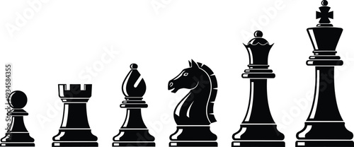 Black vector silhouettes of chess pieces set including pawn, rook, bishop, knight, queen, and king, for strategy, competition, and leadership.