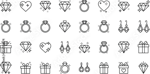 Diamond and Jewelry Line Icons Set, Engagement Ring Earrings Gift Box Luxury Outline Collection, Minimal Style, vector illustration