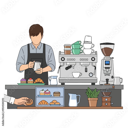 Barista making coffee with pastries and cakes on display at cafe counter