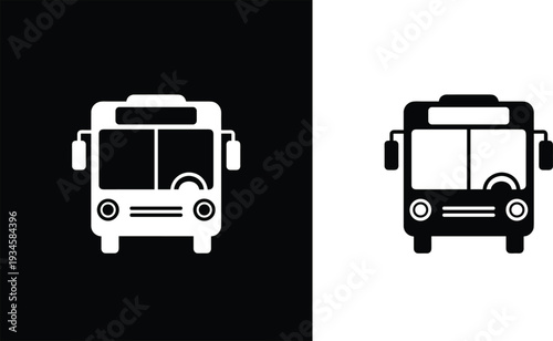 Bus icon set featuring front view of public transport vehicles, city transit symbols, shuttle service elements, passenger coach vector illustration,
