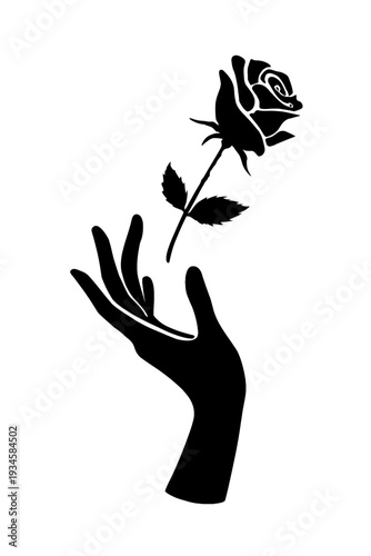 Silhouette of Hand with Floating Rose Flower - Mystical Floral Vector Illustration for Romance, Magic, and Love. Conceptual Black and White Graphic for Fantasy, Dreaming, and Surreal Design.