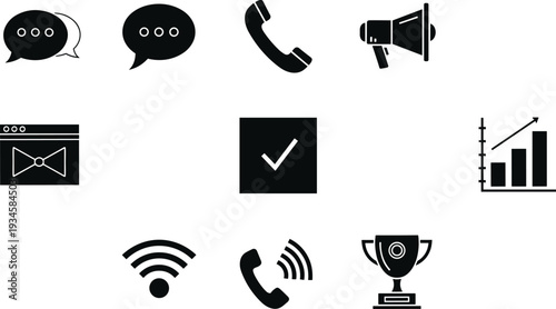 Business communication icon set, speech bubbles, megaphone, telephone handset, data analytics bar chart, growth graph, trophy award, web browser, wireless.