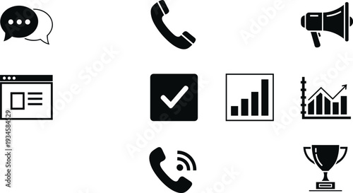 Business communication icon set, speech bubbles, megaphone, telephone handset, data analytics bar chart, growth graph, trophy award, web browser, checkmark.