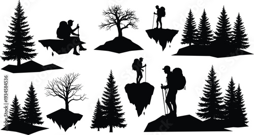 Mountain hiking silhouettes vector set, backpacker explorer on cliff and forest landscape, trekking adventure scene collection, outdoor travel and wilderness illustration