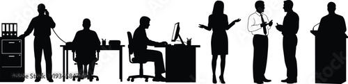 Business people silhouettes in office working talking on phone using computer presenting at podium and having meeting in corporate workspace