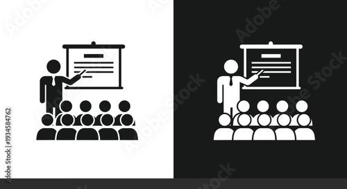 Business presentation icon set, teacher leading seminar, corporate training workshop, public speaking audience, lecture hall symbols, educational meeting vector illustration,