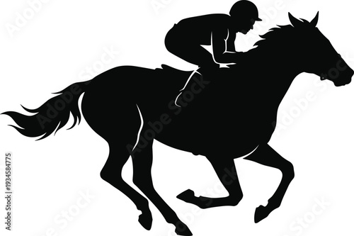 Horse Racing Silhouette Illustration Vector Featuring Galloping Horse, Jockey in Racing Posture, Sports Competition Icon, and Marketplace Success for Creative Projects
