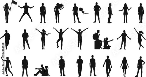 Silhouette collection of diverse people standing walking dancing jumping and posing in various activities isolated vector set for design and illustration