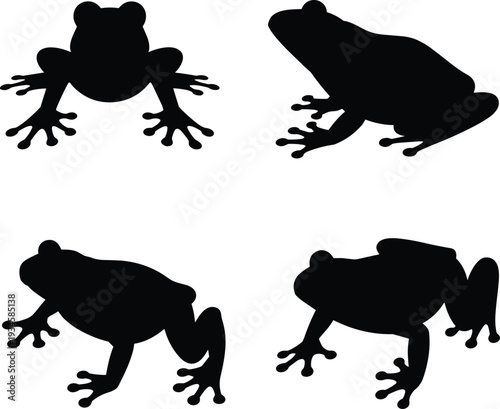 Silhouette collection of frogs in different poses, black and white amphibian vector design, wildlife animal illustration for decoration, logo