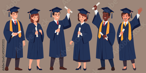 Cartoon graduates in blue robes and yellow sashes holding diplomas graduation