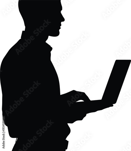 Businessman silhouette working on laptop computer, professional man using wireless technology, corporate employee profile, digital nomad freelancer, office work, executive.