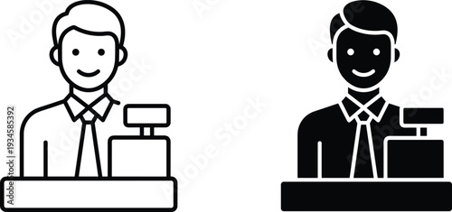 Cashier icon set with male bank teller or shop assistant at checkout counter in outline and solid glyph vector styles,