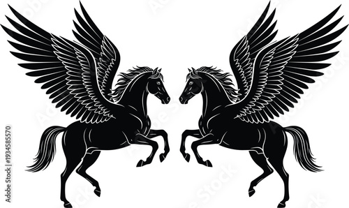 Pegasus winged horses silhouette vector illustration, mythical rearing stallions with spread wings, fantasy emblem design, heraldic symbol isolated on white background