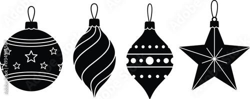 Christmas ornament silhouette set, hanging holiday baubles, star decoration icons, winter celebration elements, festive tree ornaments vector, xmas party graphics,