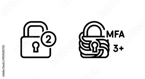 Multi-Factor Authentication (MFA) and Two-Factor Security Icons with Padlock and Numeric Layers, Black Outline Vector for Enhanced Digital Protection.