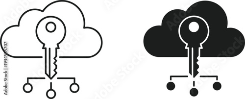 Cloud computing security icons, data encryption key, network access protection, privacy storage symbols, digital safety graphics, web hosting lock, vector elements