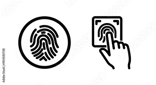 Fingerprint Biometric Authentication Icons, Black Outline Vector for Secure Login and User Identification Technology.