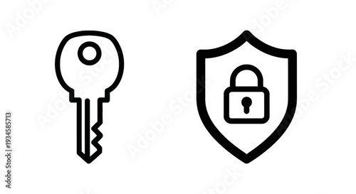 Digital Security and Access Control Icons: Shield with Padlock and Key for Authorization and Protection Concepts.