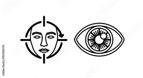 Face Recognition and Eye Scan Biometric Authentication Icons, Black Outline Vector for Digital Identity Verification and Advanced Security.