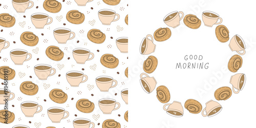 Af coffee  cup and sweet cinnamon bun. Seamless pattern round banner with hand-lettering. Colored sketch, drawing, doodle. Delicious pastries, sweet treats frame with food and drinksBackground set.