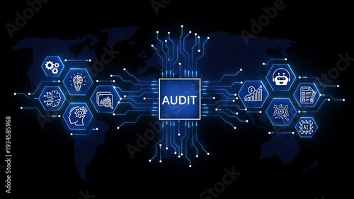 animation Fintech Regulation Concept: audit Logo and Data Analytics Icons over Blue World Map animation on the black background.4k video.