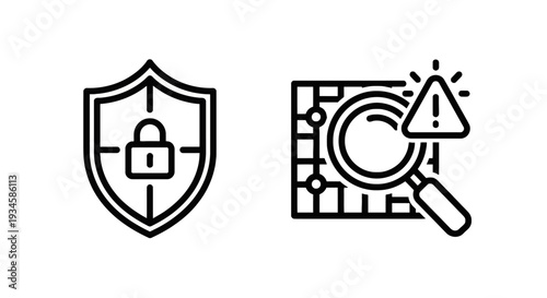 Cybersecurity Shield and Threat Detection Icons for Data Protection and Network Vulnerability Analysis