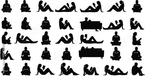 Silhouette collection of people reading books in sitting and relaxing poses, educational activity vector illustration set for learning and lifestyle design