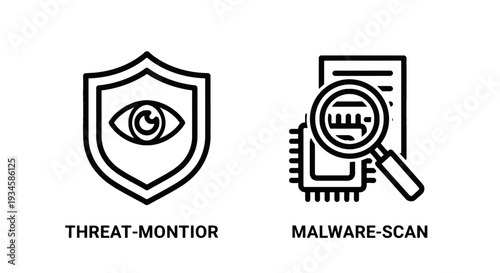 Threat Monitoring and Malware Scan Icons for Cybersecurity, Virus Detection, and Data Security Solutions