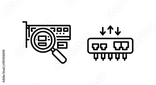 Hardware Troubleshooting and Network Switch Icons for IT Support, Connectivity, and Data Traffic Management