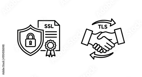 SSL Certificate and TLS Handshake Icons: Secure Network Protocol and Data Encryption Concept