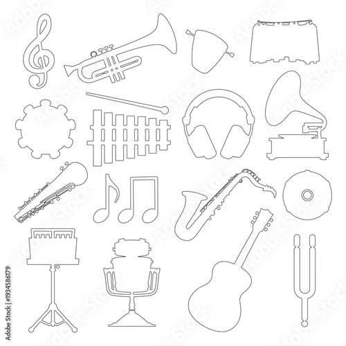 Collection of Outline Musical Instruments Icons Vector Set EPS