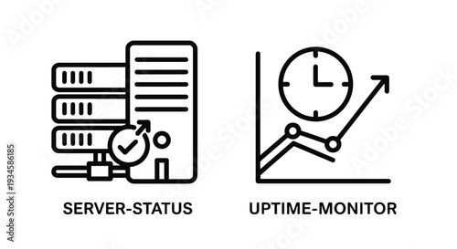 Server Status and Uptime Monitor Line Icons, Data Center Performance Tracking and System Health Check