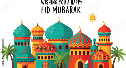 Colorful mosque complex with domes and minarets on white background with Eid Mubarak greeting palm trees
